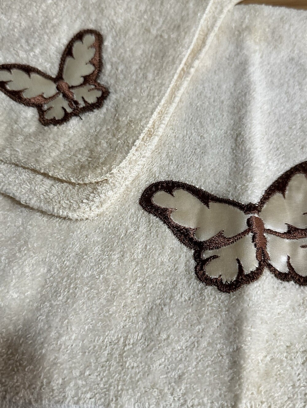 Vintage 70s Boho Butterfly Towel Set earthy Cream & Brown Fringed  Retro decor